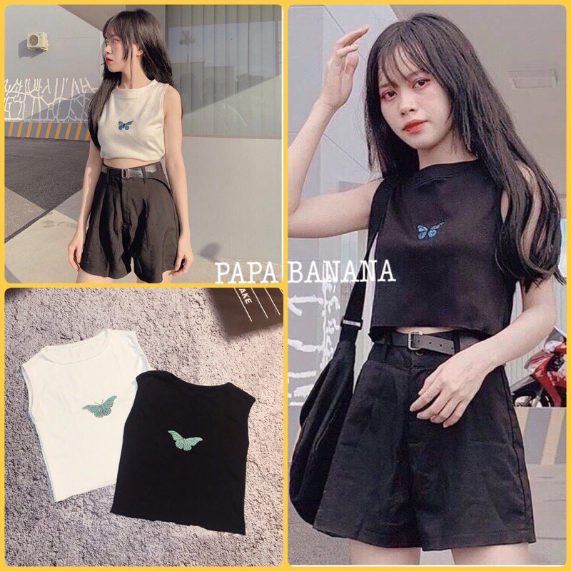 Áo Croptop 3 lỗ hình bướm xanh hai màu đen, trắng | BigBuy360 - bigbuy360.vn