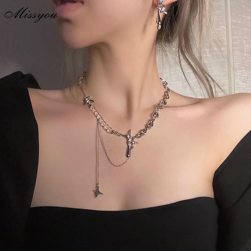 Vòng cổ choker Dodder hình ngôi sao xỏ hạt trong suốt đính đá pha lê tua rua thời trang cho nữ
