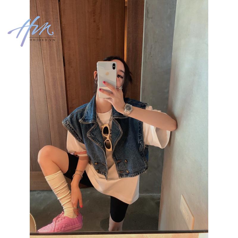 Áo Khoác Denim Không Tay Dáng Rộng Phối Khóa Kéo Phong Cách Thời Trang Retro Mỹ Hàng Mới 2022
