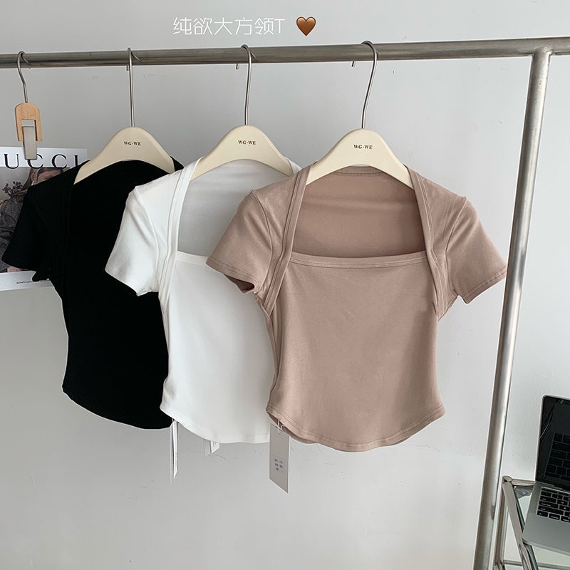 Áo Thun Tay Ngắn Cổ Vuông Dáng Ôm Thời Trang Mùa Hè Xinh Xắn Cho Nữ
