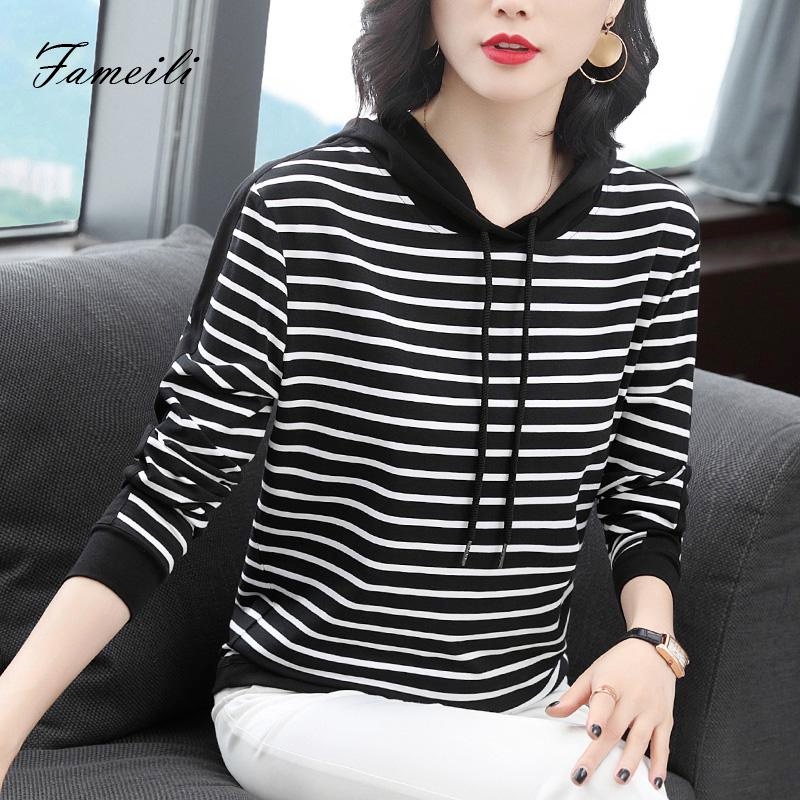 Áo Hoodie cotton Dáng Rộng Tay Dài Kẻ Sọc Ngang Thời Trang Mùa Thu Mới Cho Nữ