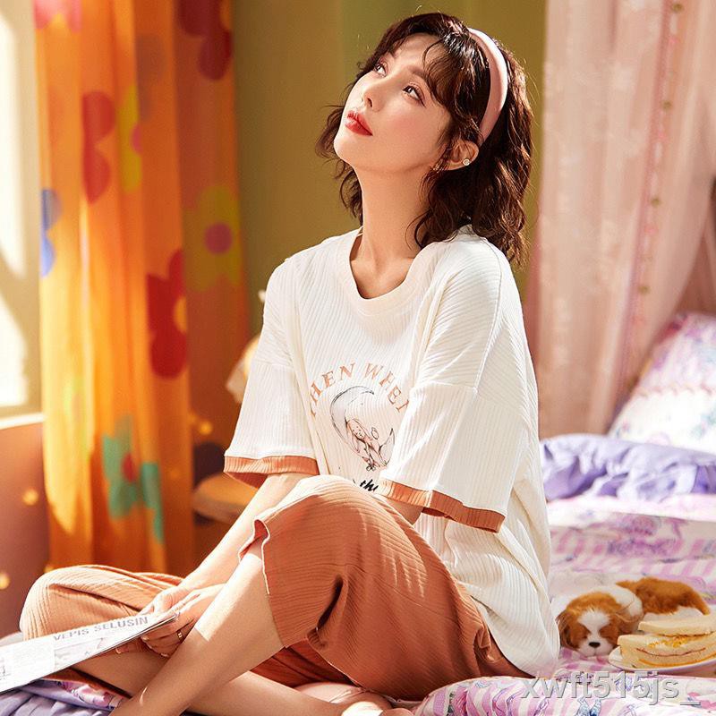 Bộ đồ ngủ ban ngày dành cho phụ nữ cotton mỏng ngắn tay sinh viên dễ thương Nhật Bản dịch vụ mặc nhà hai mảnhU