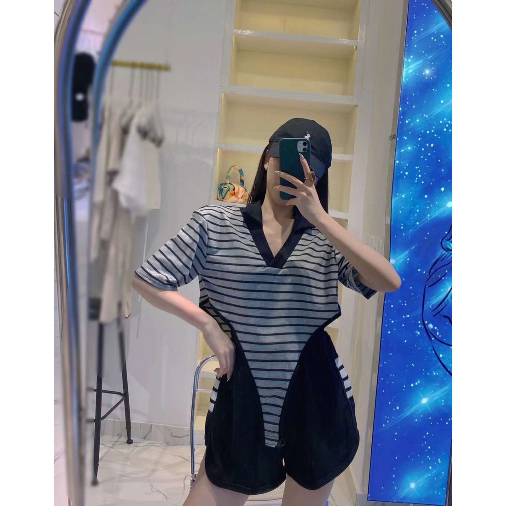 ☽☃ Áo Croptop liền thân bodysuit kẻ cộc tay cổ V cá tính ALT18 | BigBuy360 - bigbuy360.vn