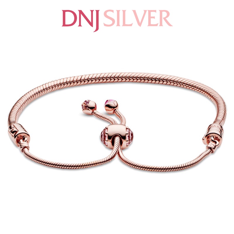 Vòng charm bạc 925 cao cấp - Mẫu vòng Pink Peach Blossom Flower Snake Chain Slider, dây rút freesize Rose Gold cao cấp