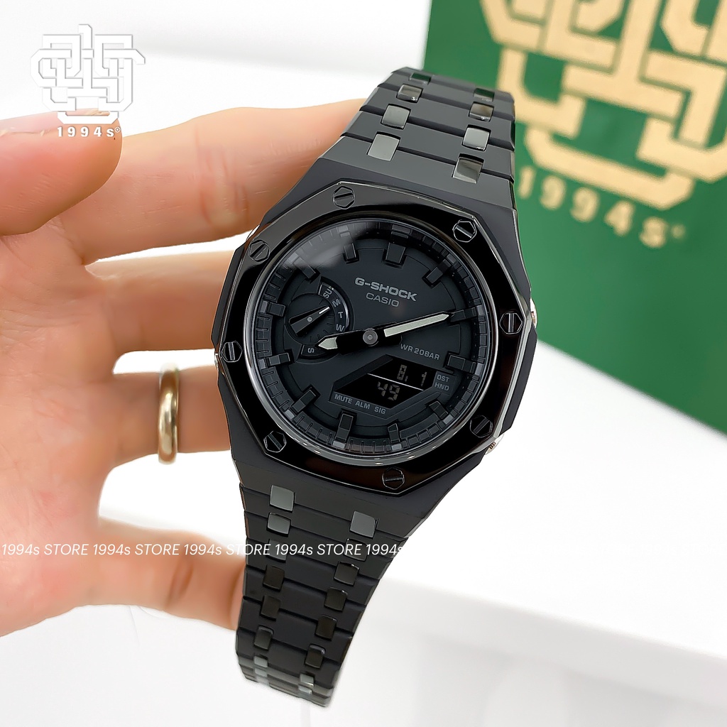 Đồng hồ nam Casio G-Shock GA-2100-1A1 custom AP Royal Oak, Black Steel x Chrome Layer, hàng chính hãng, bảo hành 05 năm