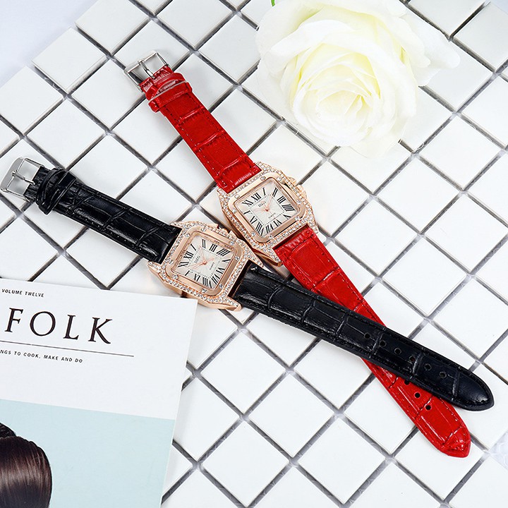 Đồng hồ nữ DZG 1526 mặt vuông dây da thời trang Bán lẻ giá sỉ