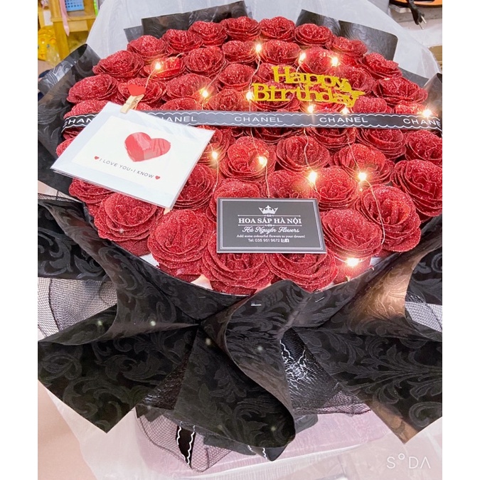 [Quà sinh nhật] Bó hoa hồng sáp nhũ 50 bông vĩnh cửu tặng kèm đèn nháy và thiệp ( nhận làm theo màu yêu cầu)