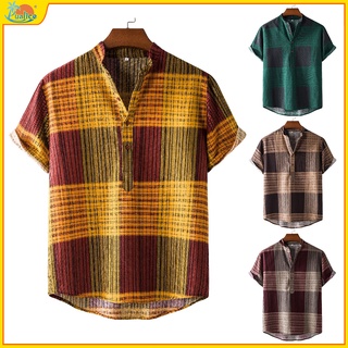 Mới Áo Sơ Mi Nam Tay Ngắn Cổ Đứng Họa Tiết Kẻ Sọc Caro Pl36