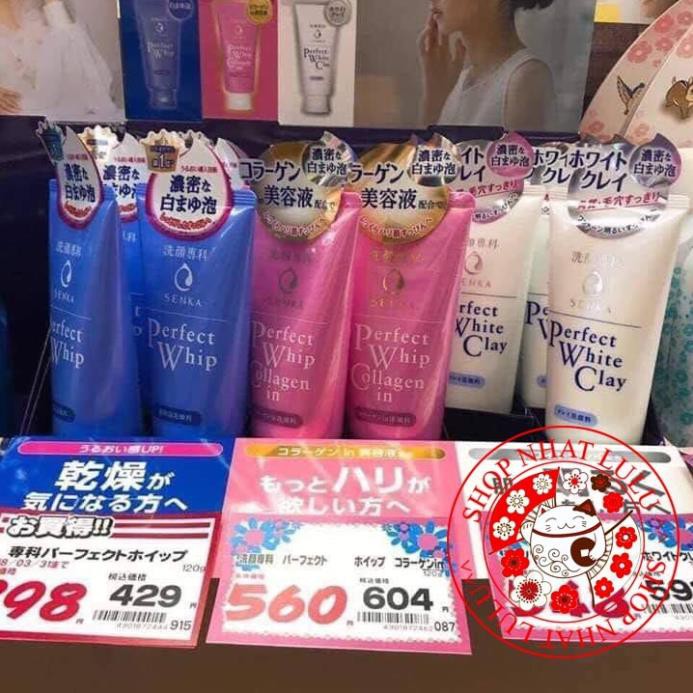 Sữa rửa mặt Perfect Whip - Collagen in - White Clay Senka màu hồng xanh trắng Nhật bản