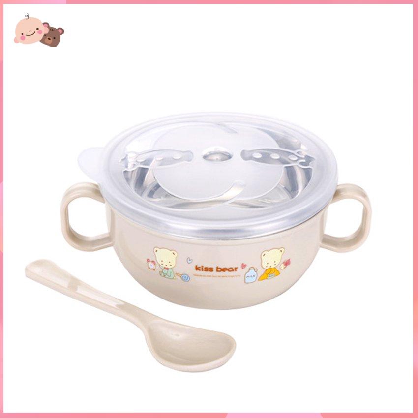 Bát ăn dặm hai quai bằng thép không gỉ có nắp đậy và thìa an toàn cho bé