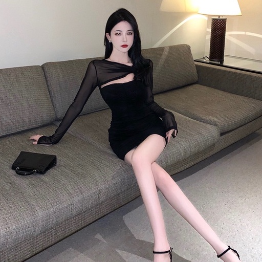Đầm Lưới Tay Dài Ôm Hông Gợi Cảm Màu Đen Phong Cách Trung Hoa Mới