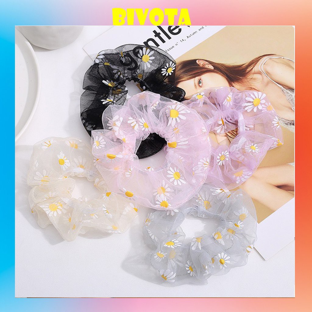 Dây buộc tóc Bivota Cột Tóc Vải Scrunchies Họa Tiết Hoa Cúc Trong Suốt Hot Trend S12