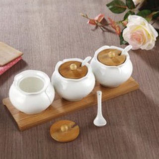 Bộ gia vị bằng gốm nắp gỗ