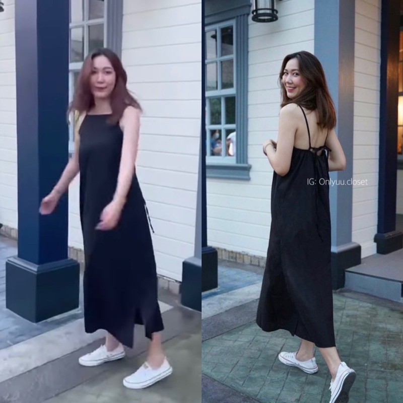 ĐẦM MAXI ĐEN CỔ YẾM THẮT DÂY LƯNG