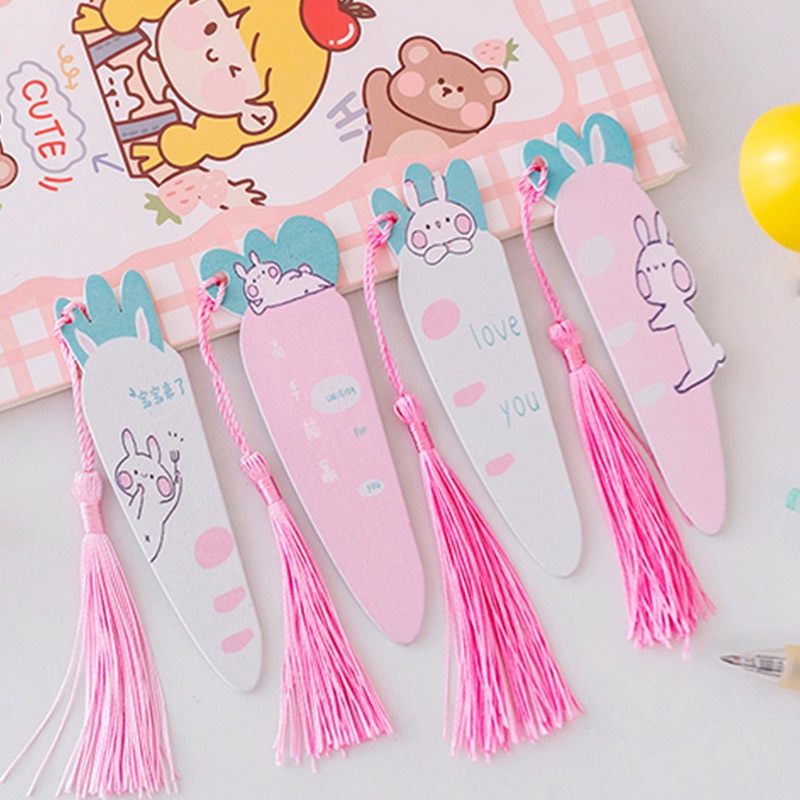 Thẻ Đánh Dấu Trang Sách Bằng Gỗ Đính Tua Rua Hình Thỏ Hoạt Hình 7Cm