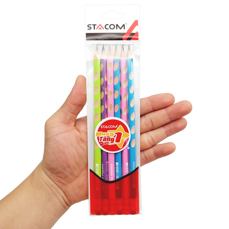 Vỉ 5 Bút Chì Gỗ Định Vị Có Tẩy Graphite 2B - Stacom VPC116P-2B (Tặng Kèm 1 Bút PC116P-2B)