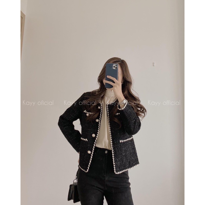 (CÓ SĂN) Áo khoác dạ tweed mỏng đen khuy ngọc sz ml | BigBuy360 - bigbuy360.vn