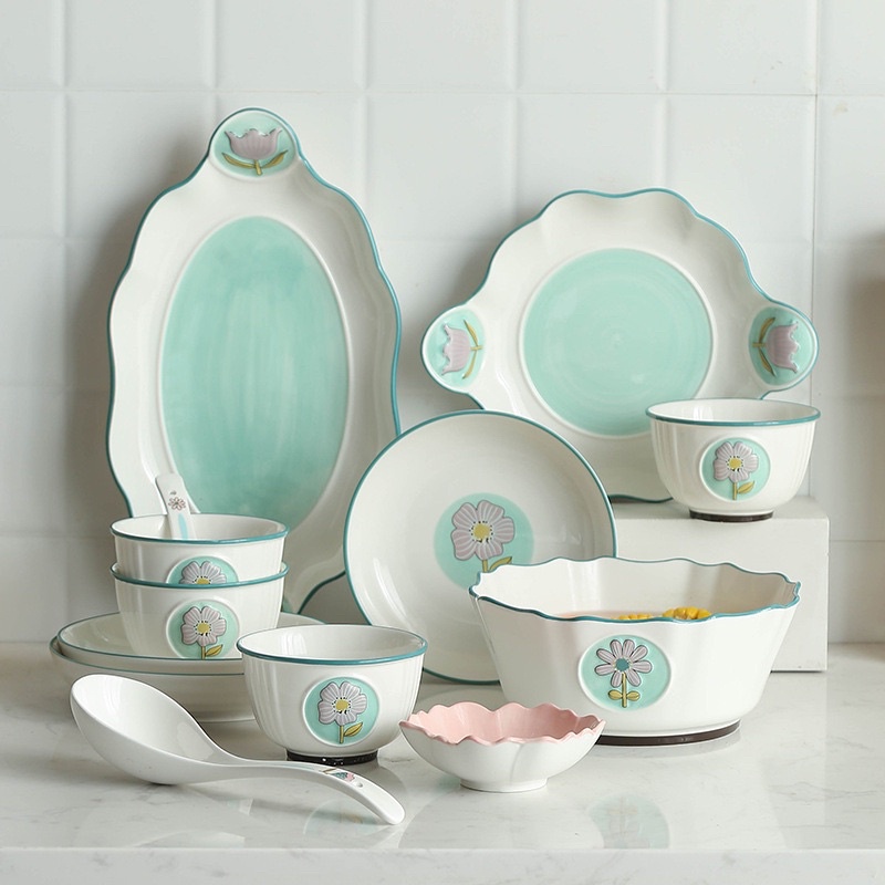 Bộ chén bát đĩa sứ Xanh Mint hoa văn nổi độc đáo đơn giản trang nhã cao cấp