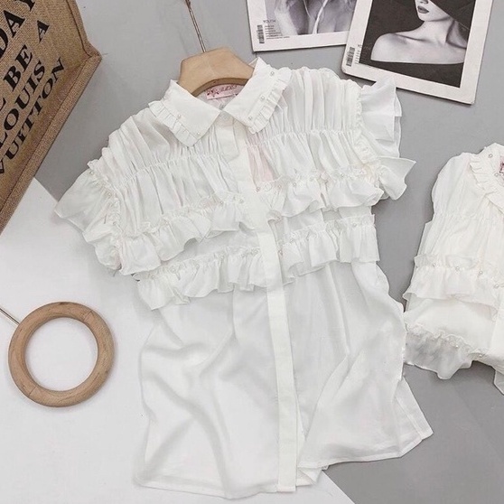 Áo sơ mi nữ form rộng tay ngắn ôm dáng kiểu hàn quốc cộc tay phối ngọc cổ ren tiểu thư - áo sơ mi trắng đi học công sở