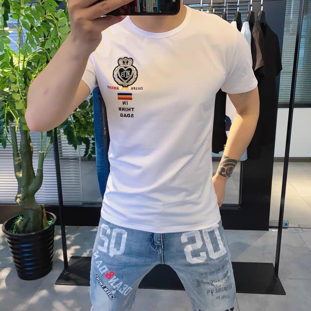 Áo thun nam tay ngắn cổ trụ thêu chữ trẻ trung lịch lãm T90