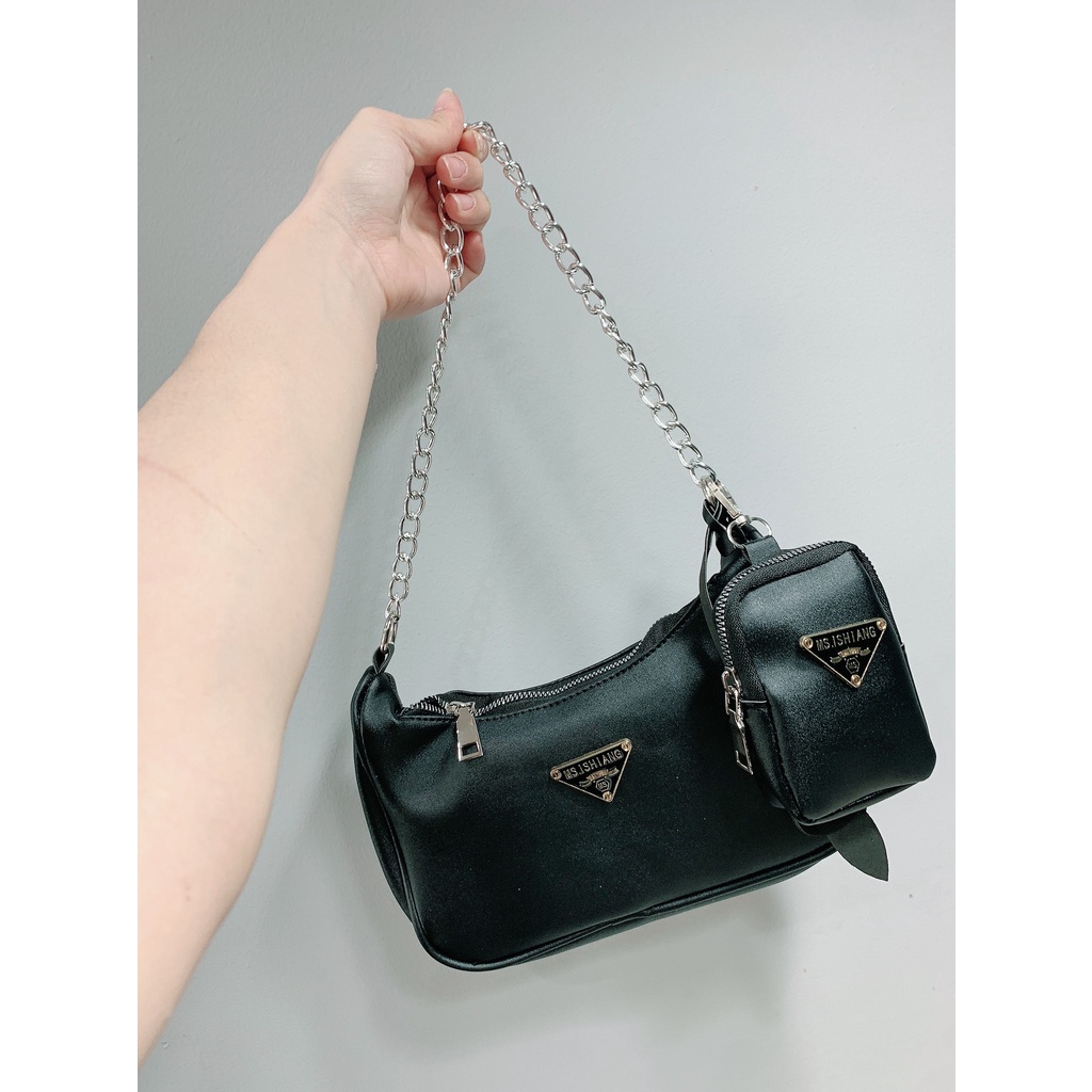 Set túi xách nữ vải dù đeo chéo , kẹp nách thời trang P.rada kèm dây xích