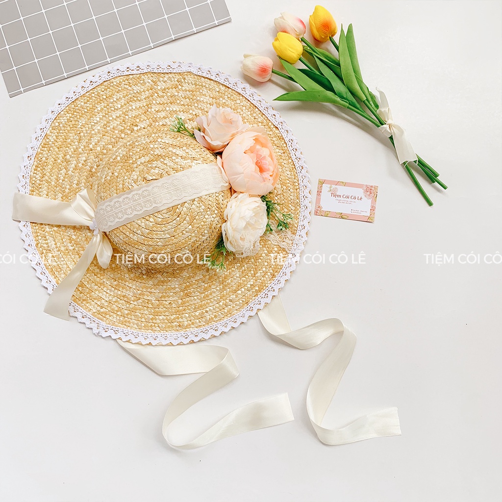 Nón cói hoa phong cách lolita, mũ cói viền ren xinh xắn dùng đi biển, chụp ảnh lookbook - Tiệm Cói Cô Lê