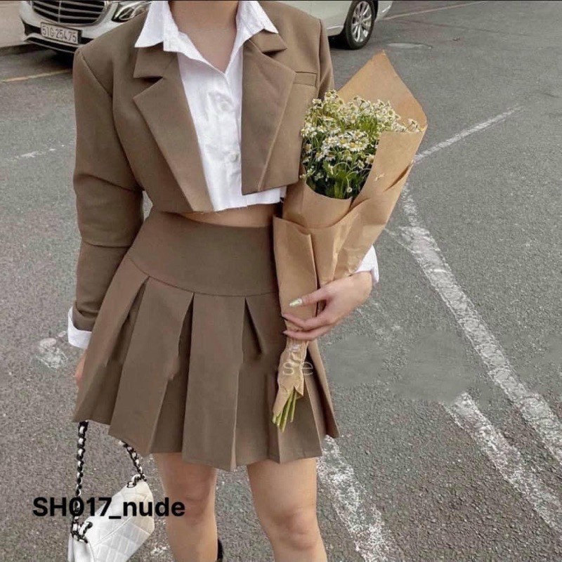 ◊❃◎set vest lửng croptop phối chân váy kèm áo sơ mi ngắn tay dài thanh lịch(kèm ảnh video thật)(BB3)