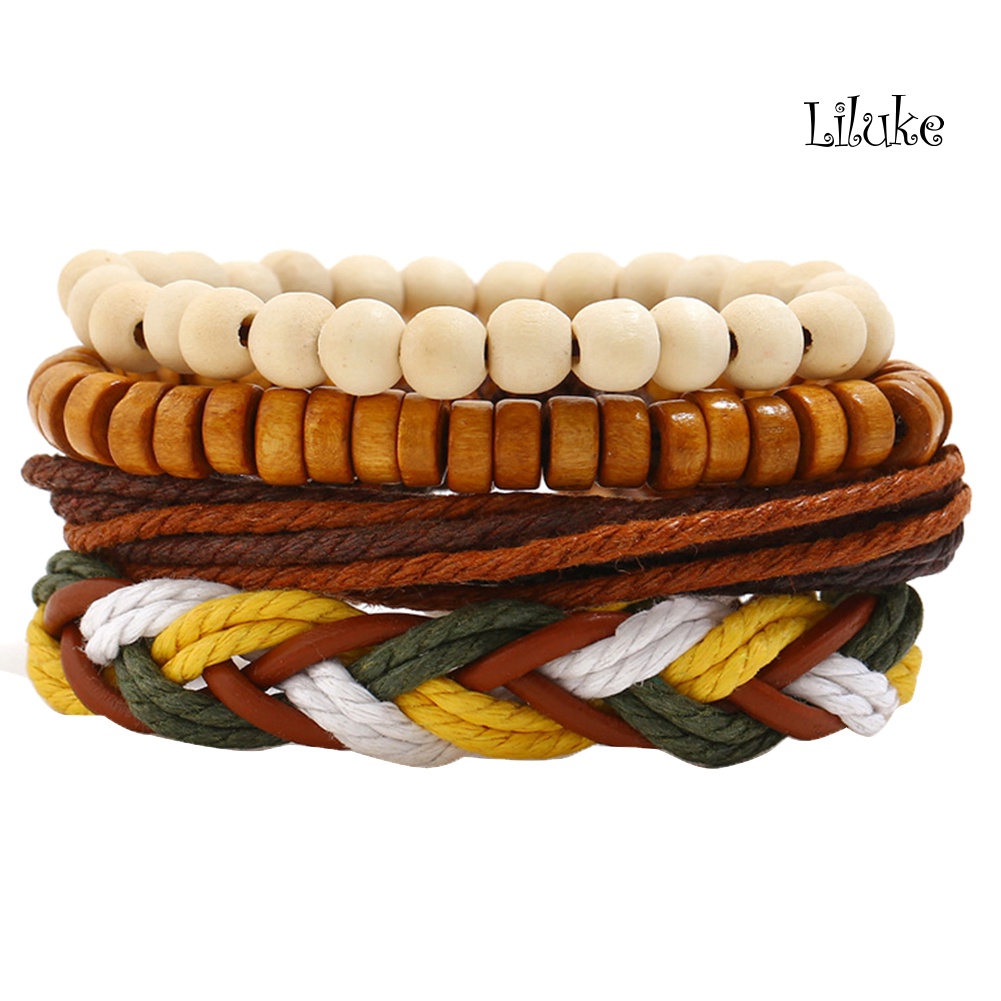 Bộ 4 Vòng Tay Dây Bện Giả Da Trang Trí Hạt Gỗ Phong Cách Cổ Điển Cho Nữ