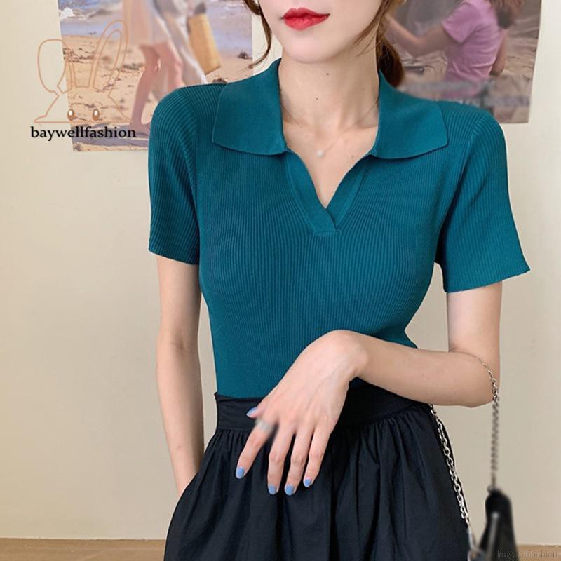 Áo Thun Dệt Kim Tay Ngắn Cổ Chữ V Màu Trơn Thanh Lịch