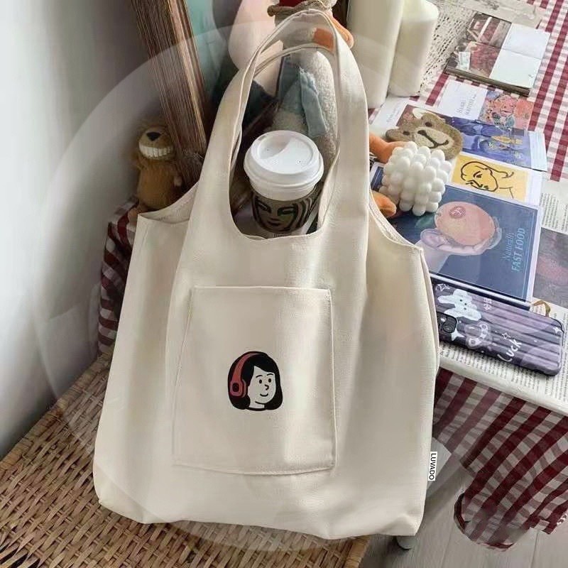 Túi tote vải Canvas túi nhỏ phong cách đi học đi chời hàn quốc giá rẻ in Girl tai nghe AH1604