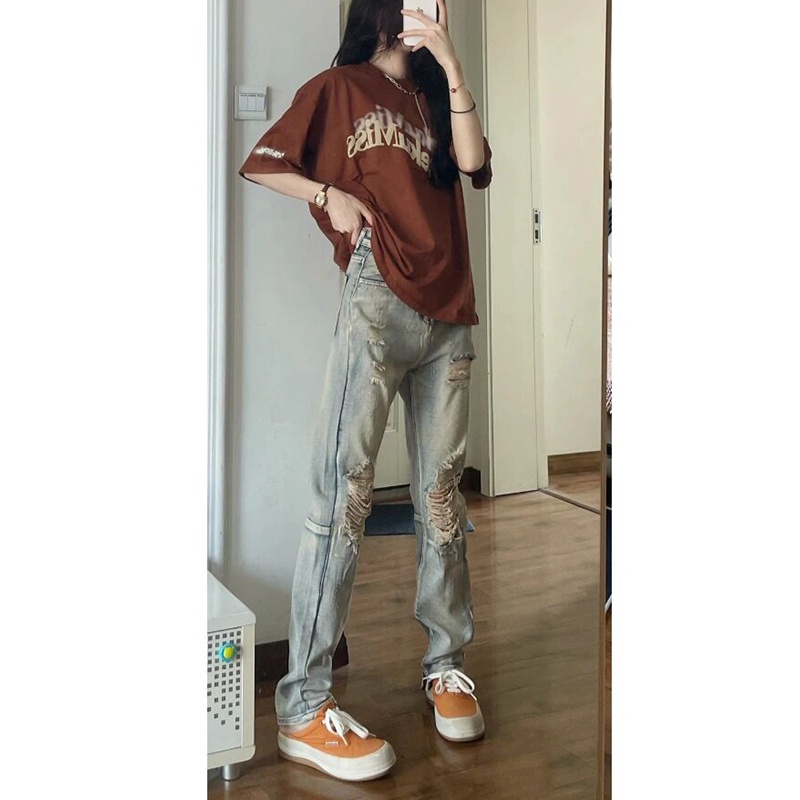 Quần Jean Nữ Lưng Cao Ống Đứng Rách Gối Phong Cách Đường Phố