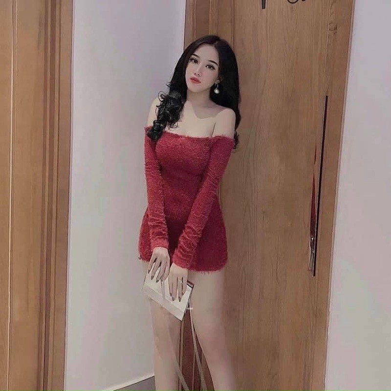 Đầm lông trễ vai tay dài freesize dưới 51kg - hình thật Carotshop