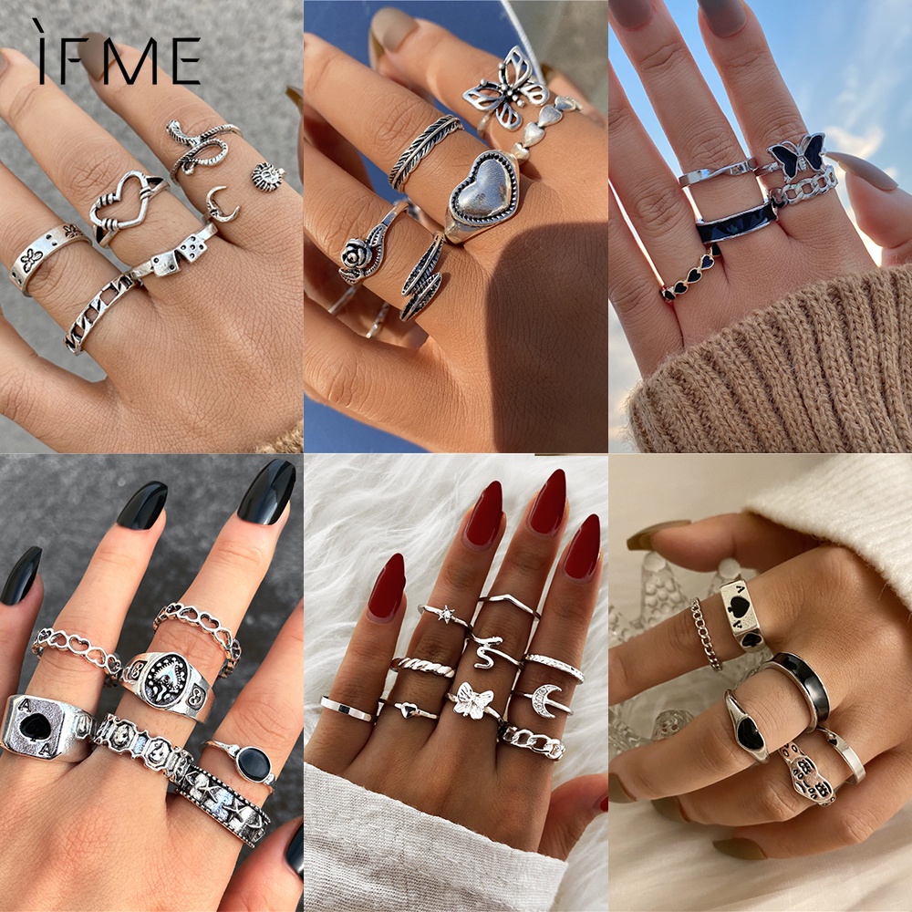 IF ME Bộ nhẫn đeo tay kim loại phong cách vintage thời trang