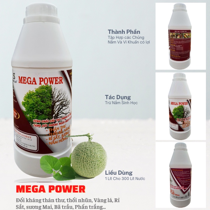 MEGA POWER Chế Phẩm Sinh Học Trừ Bệnh Thán Thư, Rỉ Sắt Sương Mai, Phấn Trắng - Chai 1 Lít