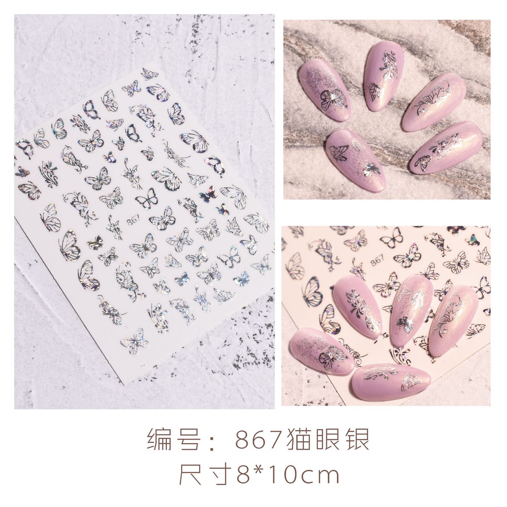 Miếng sticker trang trí móng tay nghệ thuật 3D màu vàng/ bạc họa tiết mắt mèo