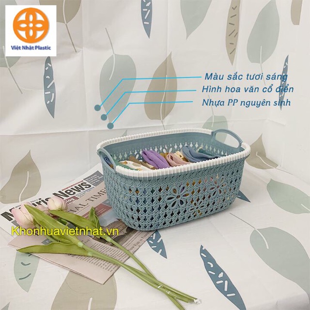 Rổ nhựa giả đan mây có quai cầm Việt Nhật, giỏ hoa 2 size màu pastel xinh xắn (MS: 3377)