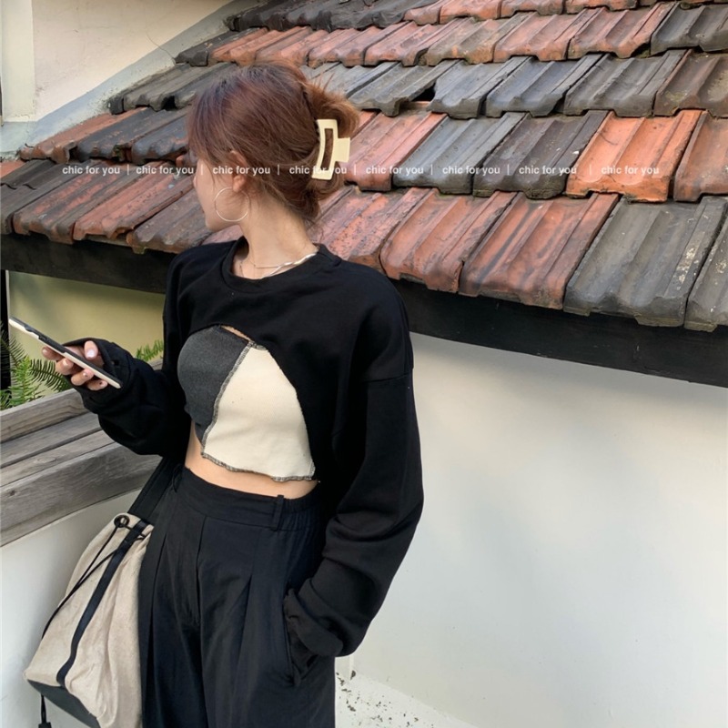 Set áo thun tay dài màu đen + áo khoác không tay phong cách Hàn Quốc | BigBuy360 - bigbuy360.vn