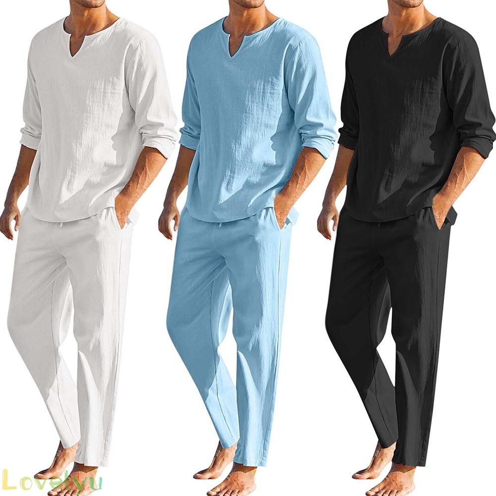 &lt;READY STOCK&gt;Men Shirt Pants 2-Pieces Set Cotton Linen Long Sleeve Solid Color V Neck100% brand new！