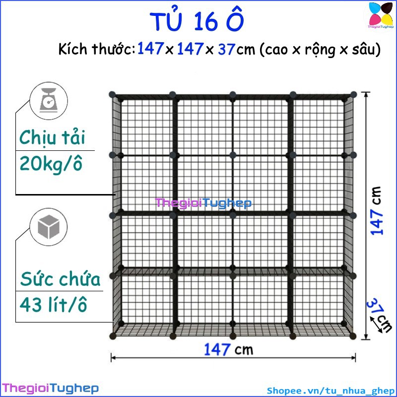 Tủ lưới sắt lắp ghép đa năng hiện đại để sách, đồ dùng trang trí phòng làm việc 16 ô