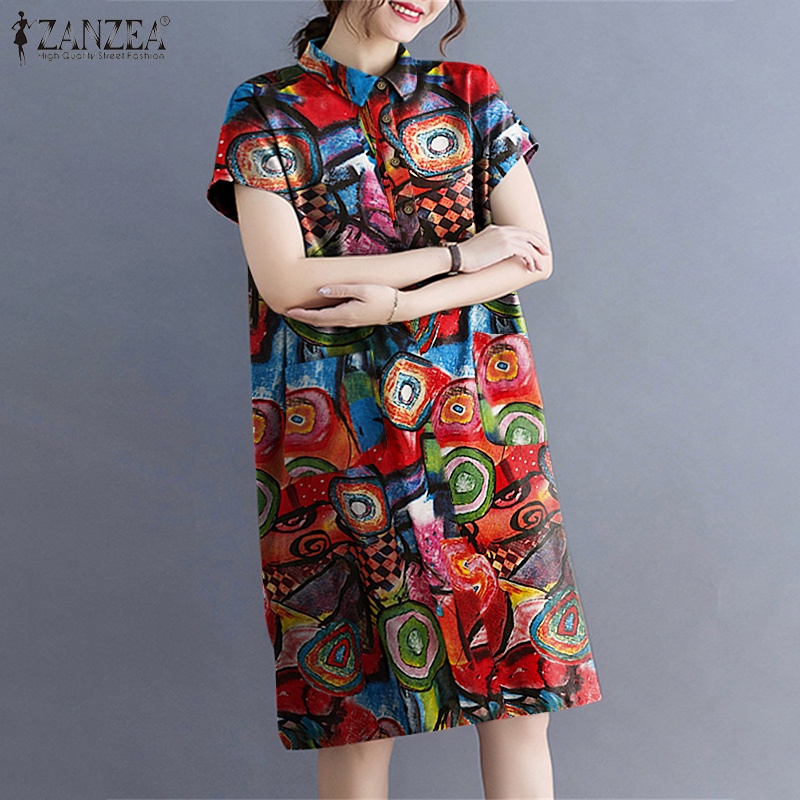 Đầm Zanzea tay ngắn dáng rộng in họa tiết vintage thời trang mùa hè cho nữ