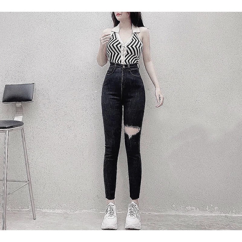 NEW [Size 30-36] Quần Dài Jeans Nữ Bigsize, Đen - Xám, Lưng Cao Trên Rốn, Co Giãn Mạnh