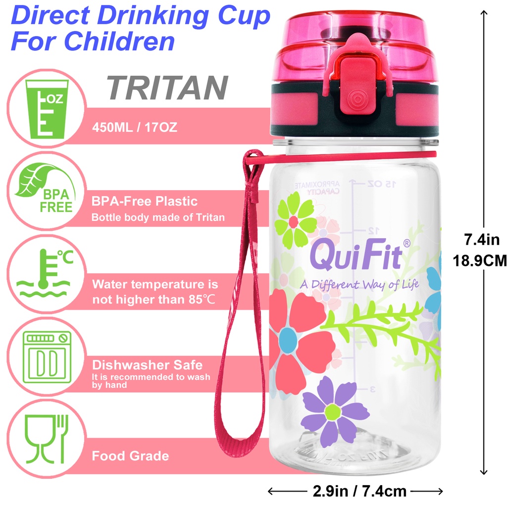 Bình nước Quifit không chứa BPA có vạch đánh dấu thời gian dung tích 450ML cho trẻ em