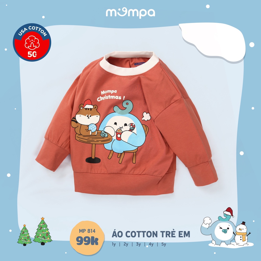 Áo dài tay cho bé Mompa 1-5 tuổi cotton giữ nhiệt cổ tròn bo ống thu đông 814