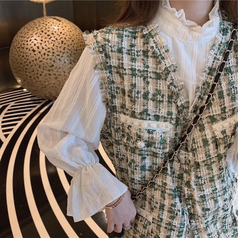 Set áo yếm dạ tweed và váy suông dáng dài