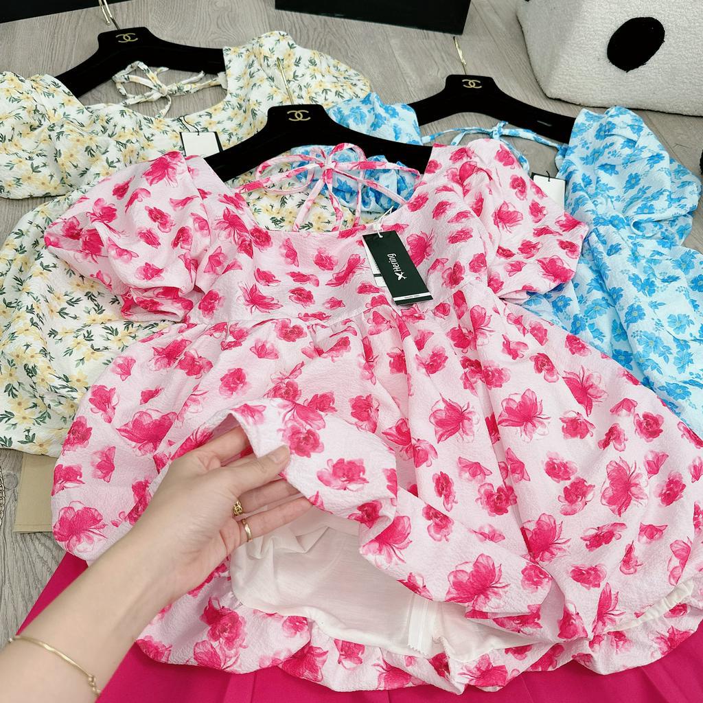 Set Bộ Đồ Nữ Áo Babydoll Đũi Nhăn Hoa Nhí Tay Bồng Mix Chân Váy Xếp Ly Có Quần Trong Freesize