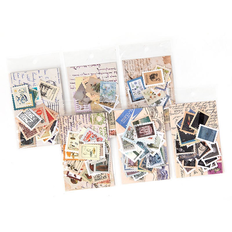 Set 46 Sticker vintage trang trí sổ bullet journal phong cách retro tem dán nhiều chủ đề