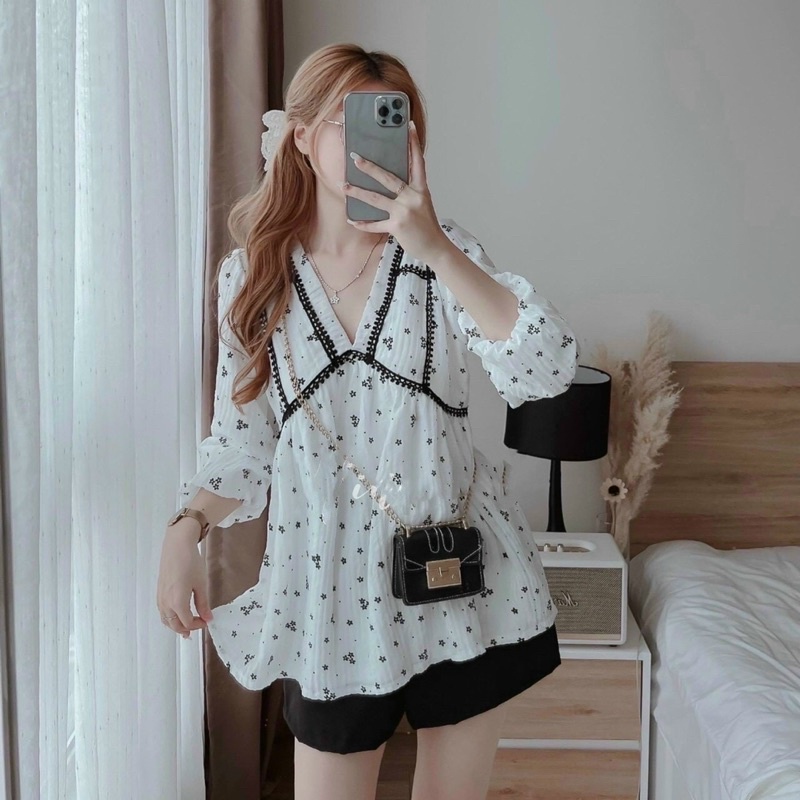 Set babydoll viền hoa ren kèm quần short TH