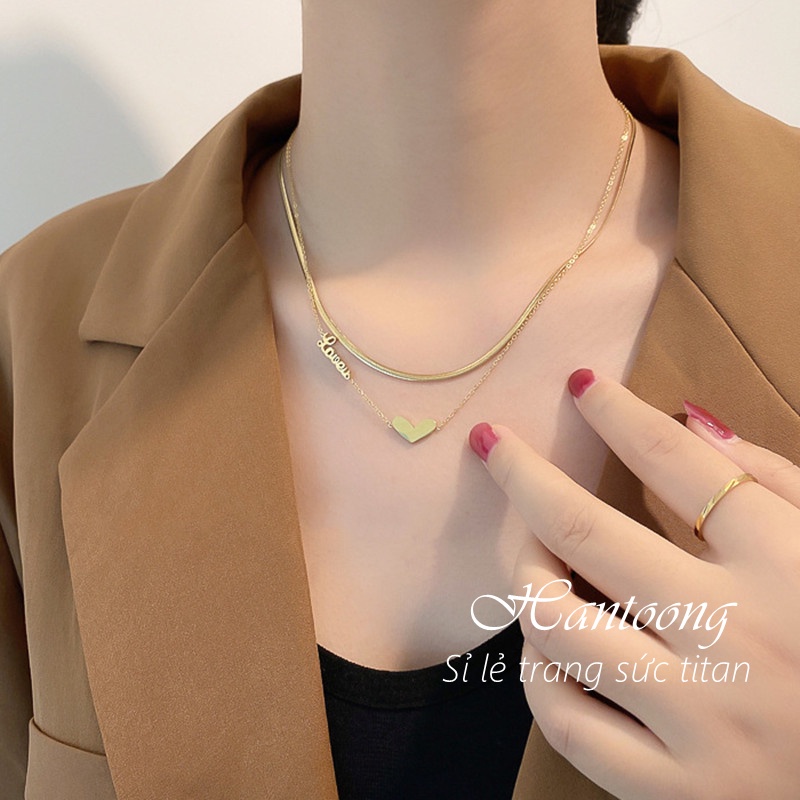 Vòng cổ 2 tầng mặt trái tim xinh xắn bằng titan không gỉ mạ vàng 18k thời trang trẻ trung dành cho nữ