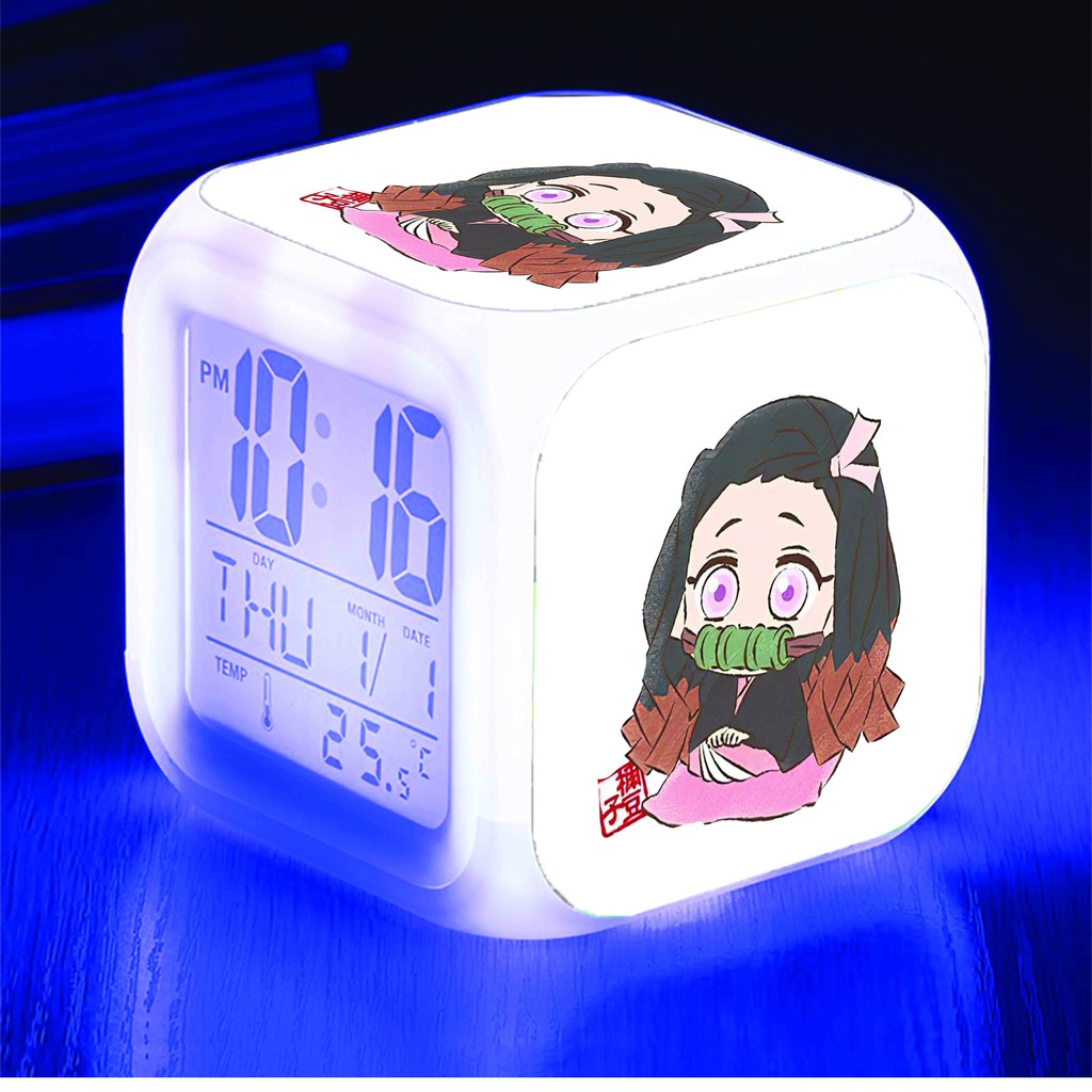 Đồng hồ báo thức để bàn in hình KIMETSU NO YAIBA Thanh Gươm Diệt Quỷ ver NGỒI đèn LED đổi màu chibi anime