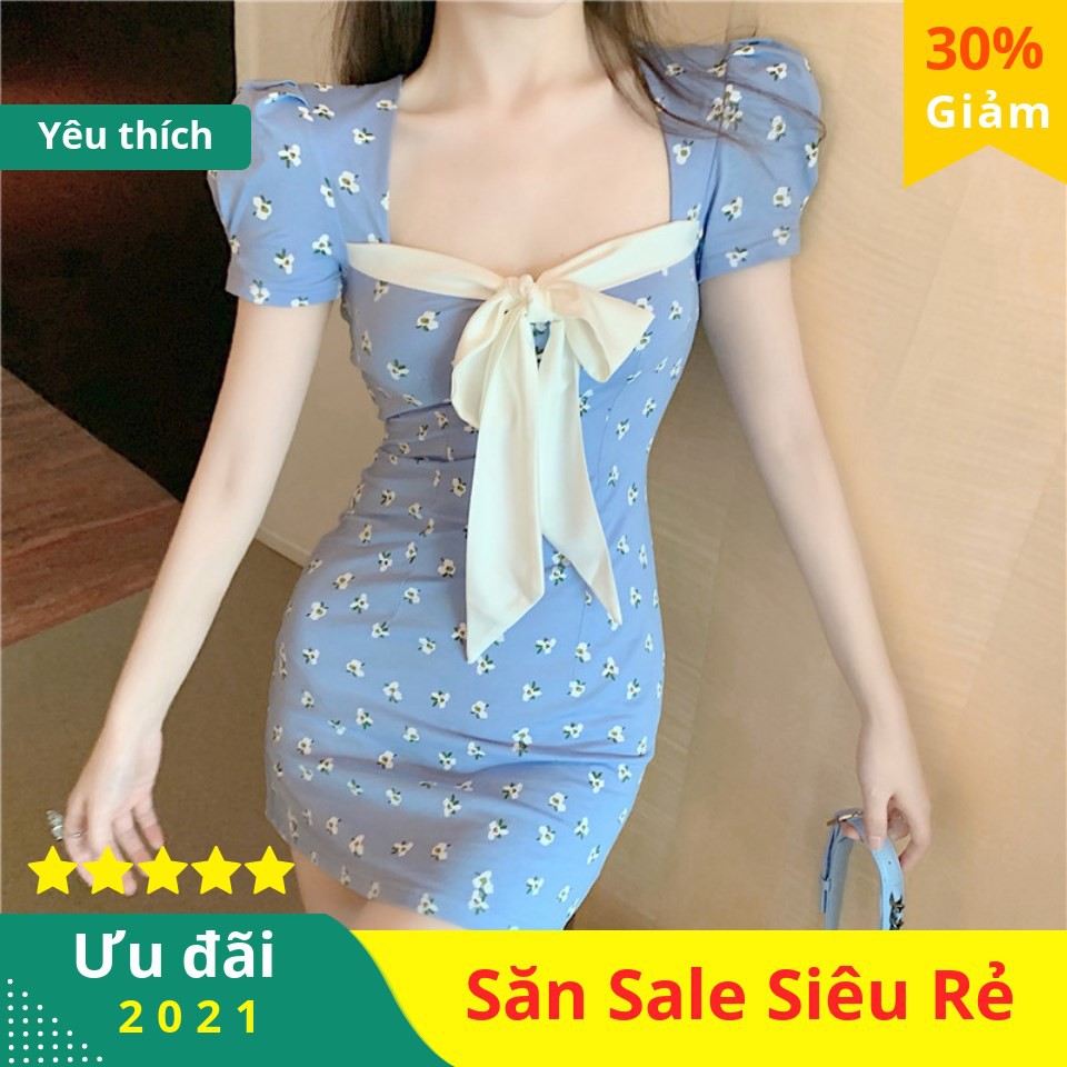Đầm body lụa hoa xanh coban 2 - Đầm body nơ ( hàng thiết kế)